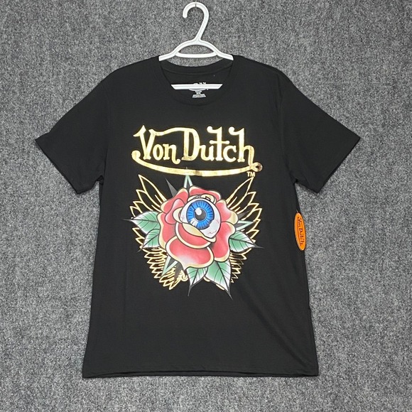 Von Dutch T-Shirt Mens L Black Rose Eye Graphic Short Sleeve Gold Accents NWT - Picture 1 of 7